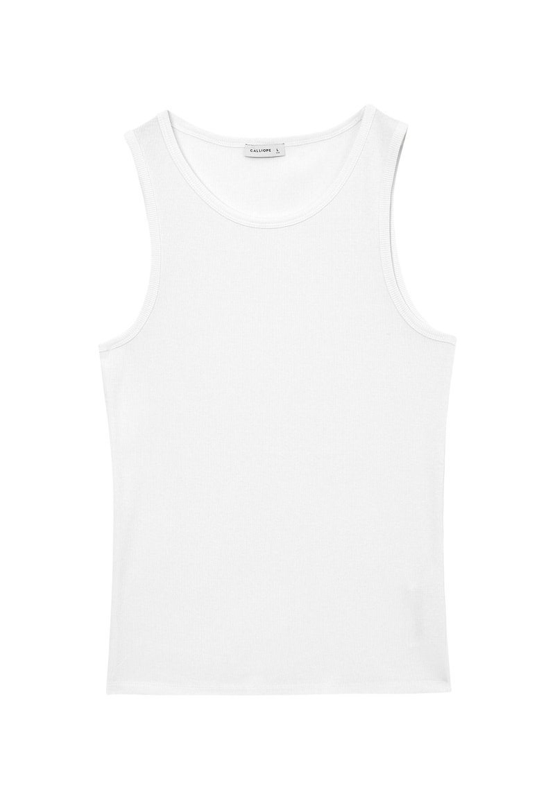 Top senza maniche bianco realizzato in un tessuto liscio e elasticizzato. Presenta un colletto rotondo e un design aderente senza fantasie o decorazioni.