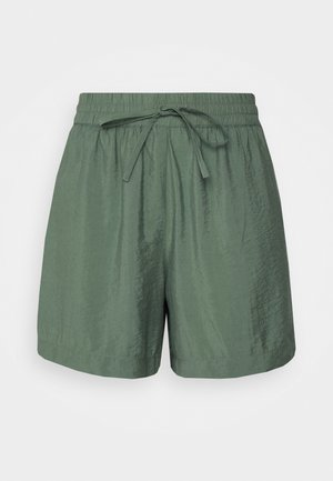 Olivgrüne Damen-Shorts mit elastischem Bund und verstellbarem Bindeband aus leichtem, leicht strukturiertem Stoff.