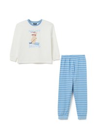 Pijama de manga larga blanca con cuello de rayas azules, gráfico de esquiador, combinado con pantalones de pijama de rayas azules con cintura elástica.