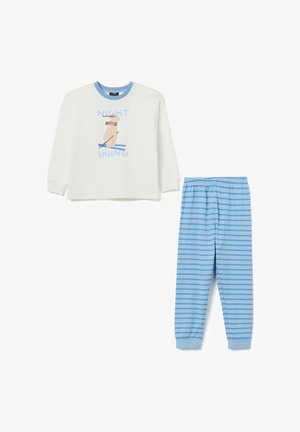 Long-sleeve white pajama top with blue striped collar, graphic of skier, paired with blue striped pajama pants featuring an elastic waistband.