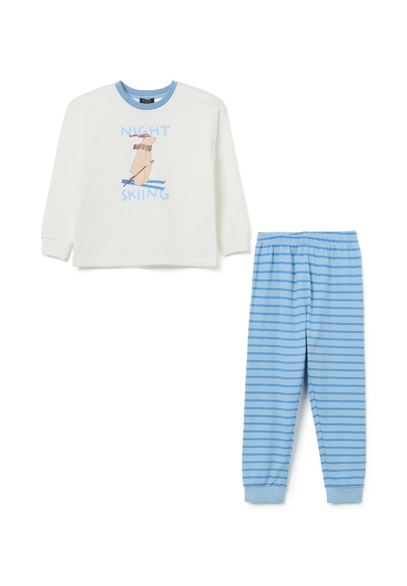 Pijama de manga larga blanca con cuello de rayas azules, gráfico de esquiador, combinado con pantalones de pijama de rayas azules con cintura elástica.