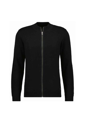 Black long-sleeve zip-up sweater with ribbed cuffs and hem, displayed on a plain white background.