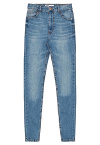Smala jeans i ljusblå denim, med urtvättade områden, femfickorsdesign, bälteshällor och en knappstängning i midjan.