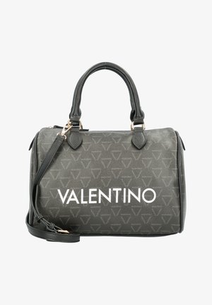 Structured handbag in dark gray textured material. Features dual top handles, detachable shoulder strap, gold-tone hardware, and bold white logo.