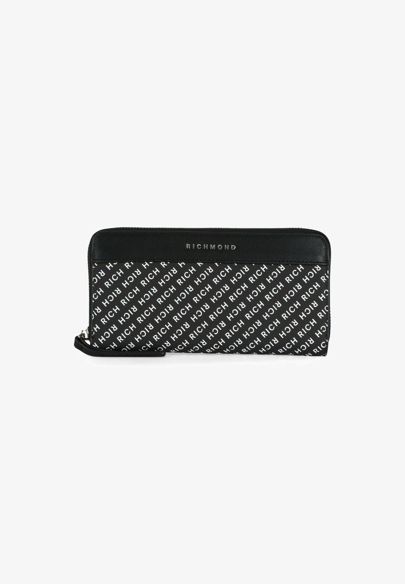 Portafoglio nero con zip, con la scritta "RICH" stampata in bianco sulla parte anteriore, caratterizzato da una texture liscia e un accento in pelle nera nella parte superiore.