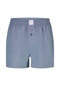 Niebieskie bokserki w kratę z elastycznym pasem, zapinane z przodu na guziki, z metką z logo z tyłu.