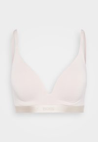 Lys rosa bralette med dyp V-halsdesign, mykt stoff, tynne stropper og en elastisk bånd med en subtilt preget logo.