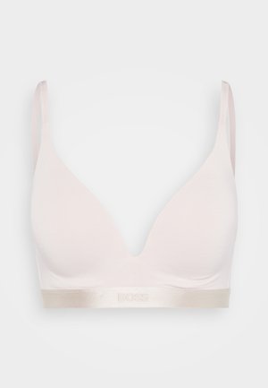 Lichtroze bralette met een diepe V-halsontwerp, zachte stof, dunne bandjes en een elastische band met een subtiel reliëflogo.