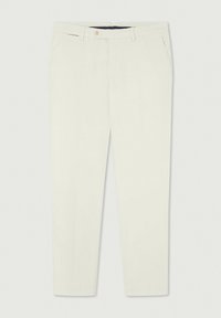 Beige maßgeschneiderte Hose aus leichtem Material. Sie verfügt über einen Knopfverschluss, Gürtelschlaufen und Seitentaschen. Gerader Beinansatz.