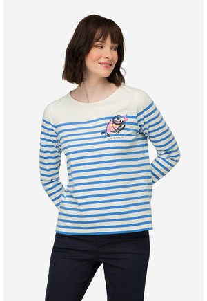 Streepjesoverhemd met lange mouwen in wit en blauw, met een vissenillustratie en geborduurde tekst op de borst. Gemaakt van zachte stof.