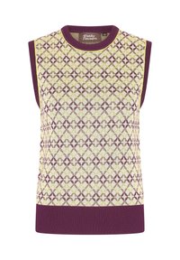Top in maglia senz maniche giallo con accenti viola, caratterizzato da un motivo geometrico e orlo a coste. Texture morbida e scollatura rotonda.