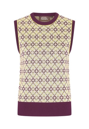 Sleeveless knit top in yellow with purple accents, featuring a geometric pattern and ribbed hem. Soft texture and round neckline.