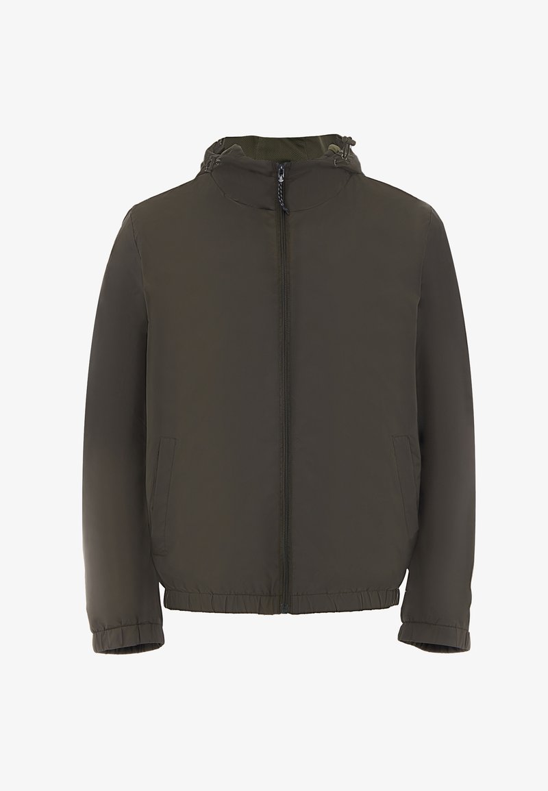 Tume roheline polsterdatud jakk, millel on lukuga sulgemine, kapuuts, elastsed mansetid ja küljetaskud. Sile tekstuur ja lihtne disain.