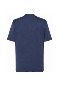 Ciemnoniebieska, krótko rękawowa koszulka z miękkiej bawełny, z klasycznym okrągłym dekoltem i prostym, gładkim wzorem z tyłu.