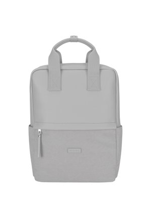 Grau-Backpack mit glatter Oberfläche und strukturiertem unteren Bereich, zwei Obergriffen und einer Frontreißverschlusstasche.