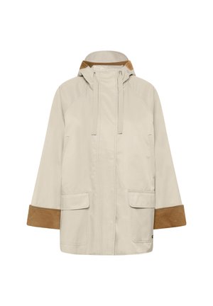 Beige hupparillinen takki, jossa on etutaskut, piilotettu vetoketju, beiget nyörit sekä ruskeat samettiset resorit hihansuissa ja sisäkauluksessa.