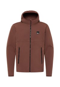 Donkerbruine jas met een aansluitende capuchon, een ritssluiting aan de voorkant en twee zijzakken. Gemaakt van een gladde stof met een subtiele glans en contrasterende zwarte accenten.