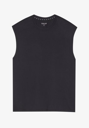 Haut noir sans manches avec un col rond, ornée de clous décoratifs le long du bord intérieur du col. Fabriqué en tissu lisse avec une coupe décontractée.