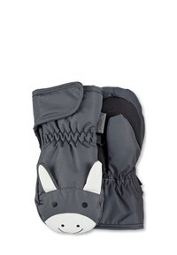 Graue wasserdichte Handschuhe mit einem verspielten Design eines schwarz-weißen Esels, ausgestattet mit weichem Stoff, elastischen Bündchen und einer runden Form für Komfort.