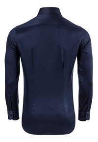 Marineblauw, lang mouw overhemd met een gladde textuur, slim fit, platte kraag en knoopmanchetten met subtiele verticale strepen.