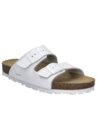 White leather slide sandals with two adjustable straps, cork footbed, and textured rubber sole for traction. Features buckle hardware.