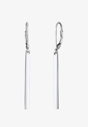 Silver dangle earrings featuring elongated, polished rectangular bars with a smooth texture, attached via lever back hooks.