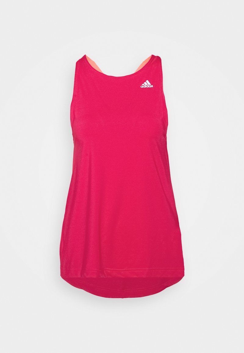 Débardeur athlétique sans manches en rose vif, fabriqué en tissu lisse avec un ourlet arrondi. Il présente une doublure intérieure orange contrastante et un logo.