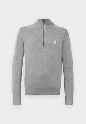 Gray pullover sweater with a zippered mock neck. Features long sleeves, ribbed cuffs, and a small logo patch on the chest. Soft knit texture.