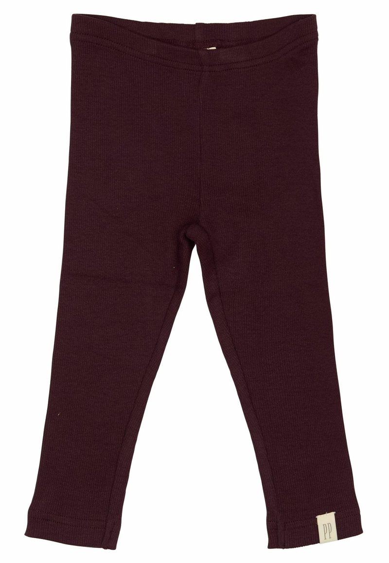 Bordo spalvos leggingai, pagaminti iš susiglamžiusios medžiagos. Prigludusi forma, su minkštu juosmens juostele ir mažyte etikete "PP" ant krašto.