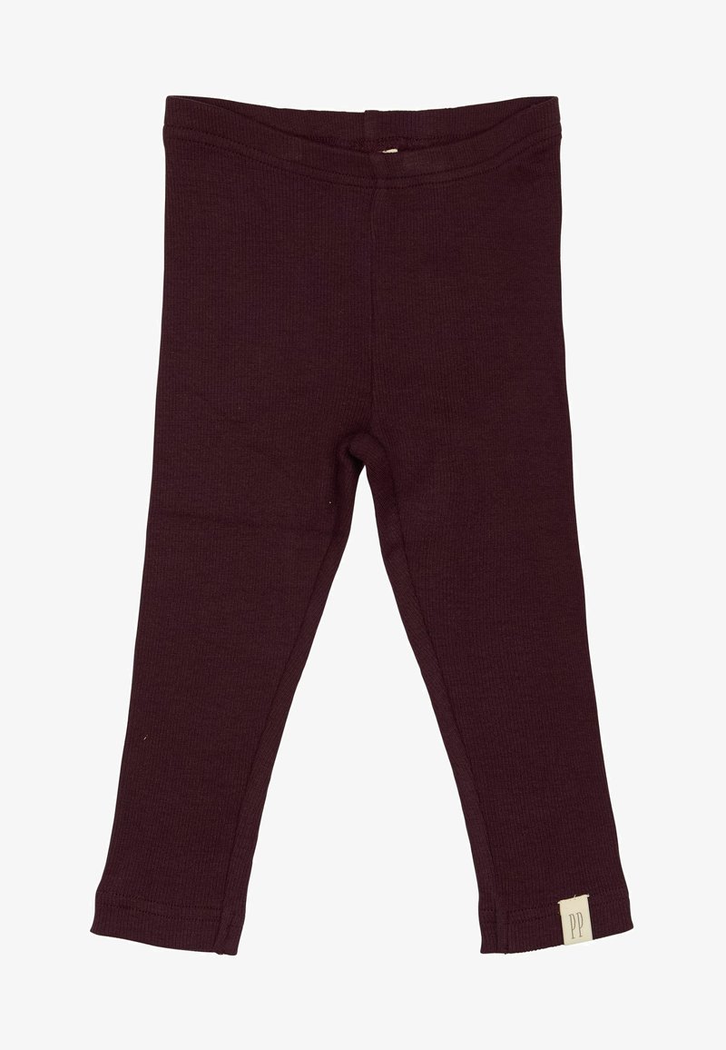 Burgunderfarbene Leggings aus geripptem Stoff. Enganliegende Form, mit einem weichen Bund und einem kleinen Etikett mit der Aufschrift "PP" am Saum.
