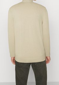 Béžový dlouhý pletený svetr s vysokým límcem, žebrovanými manžetami a lemem. Hladká textura. Nošený přes tmavě zelené kalhoty.