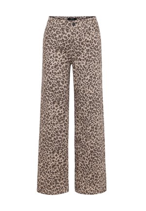 Beige bukser med vide ben og mørkebrunt leopardprint over det hele, med forreste knap- og lynlåslukning samt bæltestropper.