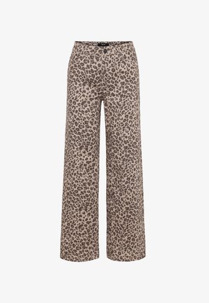 Beige bukser med vide ben og mørkebrunt leopardprint over det hele, med forreste knap- og lynlåslukning samt bæltestropper.