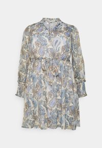 Vestido de estampado floral de cachemira en azul claro, marrón y crema. Cuenta con un cuello atado, mangas largas con puños con volantes y un lazo en la cintura.