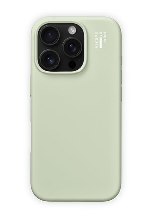 Smartphone mit blassgrünem Schutzgehäuse, das eine dreifache Rückkamera-Anordnung und einen Blitz zeigt; die Marke "Ideal of Sweden" befindet sich in der Nähe der Kameras.