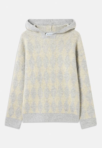 Hoodija ar pelēku un dzeltenu rombu rakstu, ribotu tekstūru un mazu logo apakšmalā. Izgatavota no kokvilnas maisījuma.