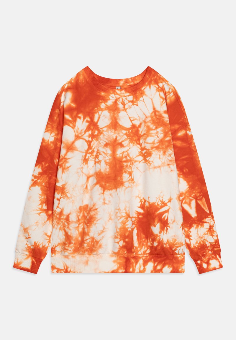 Felpa tie-dye arancione e bianca, con maniche lunghe e collo a giro. Materiale in cotone morbido con un motivo testurizzato ed irregolare.