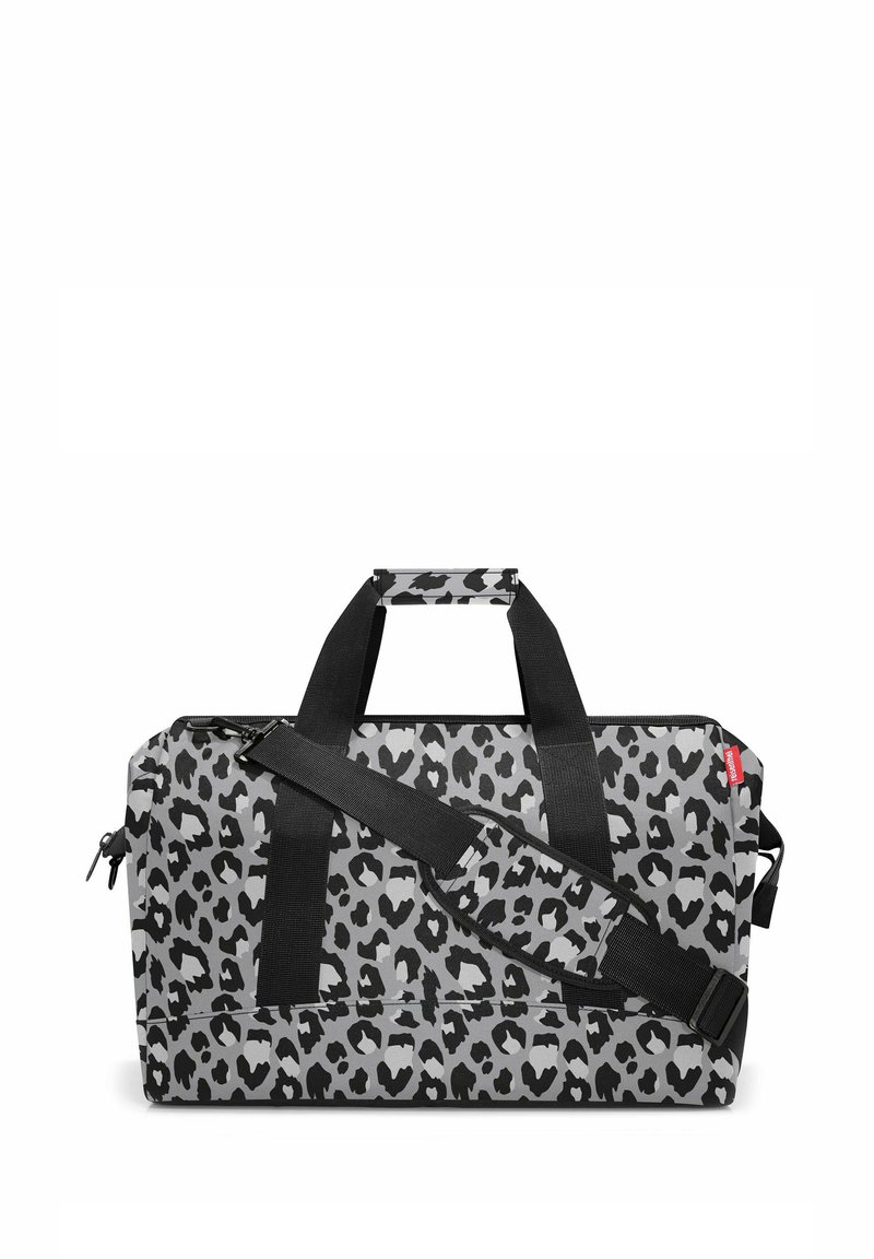 Bolsa de gimnasio en gris y negro con estampado de leopardo, fabricada en material duradero, con doble asa de transporte y una correa de hombro ajustable.