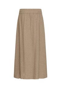 Jupe marron clair mi-longue à taille élastique, en tissu doux et texturé, présentée sur un fond blanc.