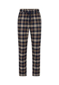 Rute loungebukser i navy, beige og brun, lavet af blødt stof. Har en elastisk talje og justerbar snor for komfort.