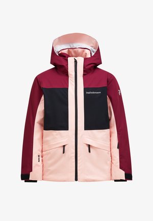Wasserdichte Jacke in Dunkelrot, Schwarz und Blassrosa. Verfügt über eine Kapuze, einen Reißverschluss und zwei Vordertaschen mit schwarzen Beschlägen.