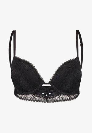 Sutiã de renda preta com decote profundo, padrão floral, alças ajustáveis e detalhe de tiras na parte da frente central.