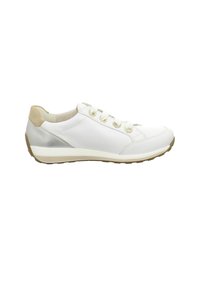 White leather sneaker with a rounded toe, beige accents on the heel, and a silver panel on the side. Features lace-up closure and textured sole.
