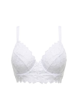 White lace bralette features floral pattern, adjustable straps, and a scalloped hem. Front closure with a decorative lace design.