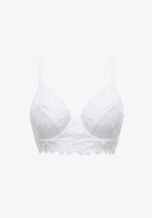 Il bralette bianco in pizzo presenta un motivo floreale, spalline regolabili e un orlo scallopato. Chiusura frontale con un design in pizzo decorativo.