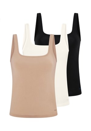 Trois débardeurs : un beige, un blanc et un noir. Fabriqués en tissu lisse avec des encolures carrées et des bretelles larges. Détail discret de logo.