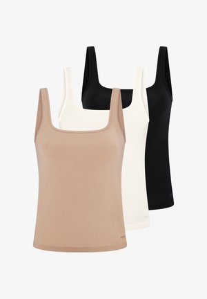 Tre canotte: una beige, una bianca e una nera. Realizzate in tessuto morbido con scollature square e spalline larghe. Dettaglio logo sottile.