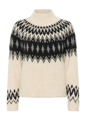 Pull crème en tissu doux, présentant un motif géométrique noir et gris autour du yoke et des poignets, avec un col haut.