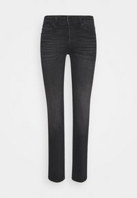 Schmal geschnittene schwarze Jeans aus Denim mit glatter Textur, Fünf-Taschen-Design und Reißverschluss. Der Stoff zeigt subtile Ausbleichungen und Nahtakzente.