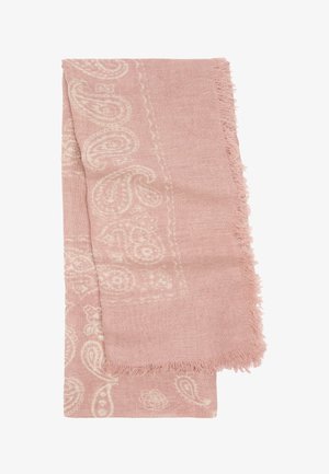 Różowy szalik w wzór paisley, wykonany z miękkiego materiału z frędzlami. Wzór zawiera skomplikowane motywy paisley w jaśniejszym odcieniu.